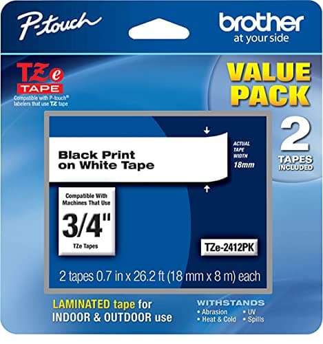 Brother Genuine P-Touch, TZe2412PK, 2 Pack of Label Tape, Black Font On White Label, TZe241,Black on White 1
