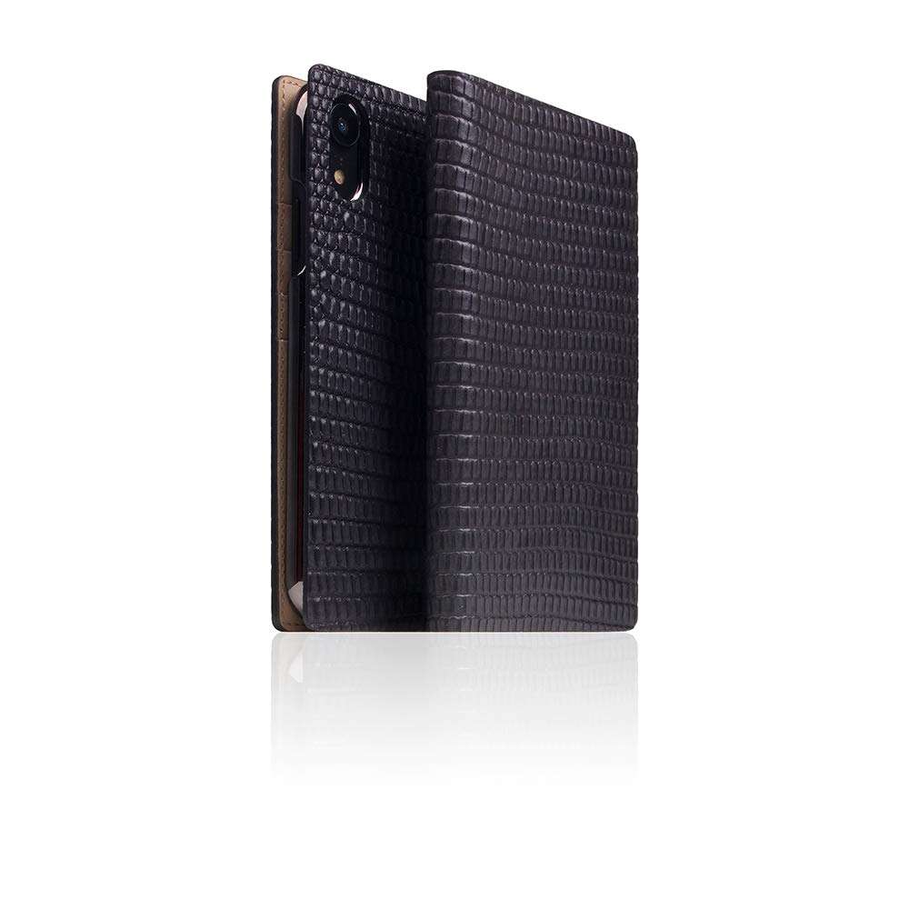 SLG iPhone XR Leather Wallet Case, D3 Italian Lizard Leather Diary Flip Cover Card Slot Holder with Gift Box, Handmade and Designed for Apple iPhone XR (Black) 1