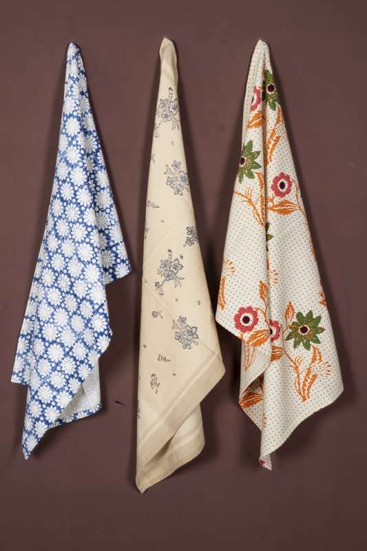 CONTRAST LIVING Padam Hand Block Printed Kitchen Towel/Dish Towel/Hand Towel Multi Color Set of 3 Pcs 1