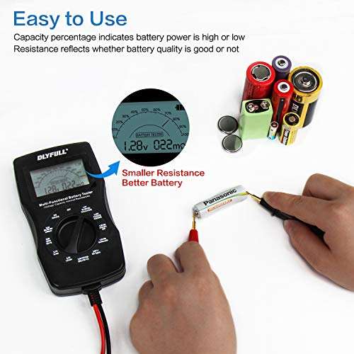 Universal Battery Checker Tester with Leads LCD Display, Battery Capacity Voltage Resistance Tester for AAA AA C D 9V Digital 12V 3.7V Li-ion 18650 CR123A CR2032 Button Cell Batteries More 4