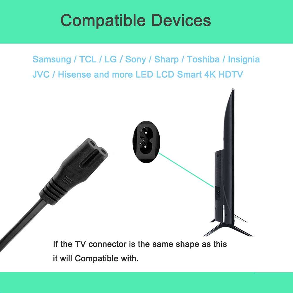 2 Prong Power Cord for Samsung/TCL/LG/Sony/Sharp/Toshiba/Insignia/JVC/Hisense LED LCD Smart 4K HDTV 2