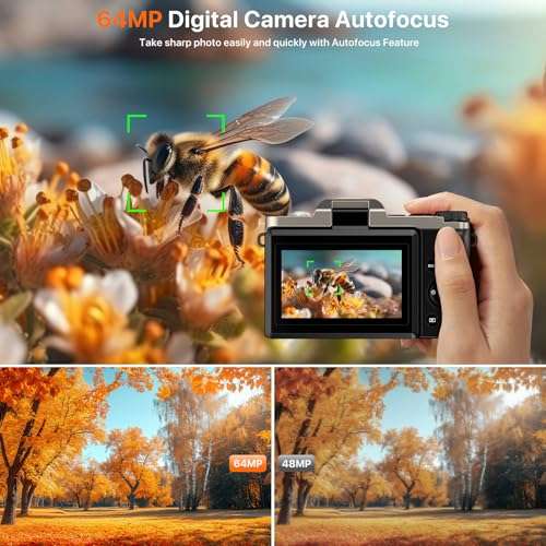 4K Digital Camera for Photography 64MP WiFi Vlogging Camera for YouTube Autofocus 3" 180° Flip Screen 16X Zoom Compact Travel Cameras with Anti-Shake, SD Card, 2 Batteries & Battery Charger 2