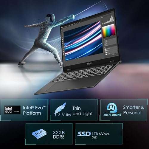 MSI Prestige 16 AI Evo Laptop, Intel Ultra 7-155H, 16" QHD+ Ultra Thin Professional Laptop, 32 GB DDR5, 1 TB SSD, ARC Graphics, Backlit Keyboard, WiFi 7, with Windows 11 Pro & Office Lifetime License 2