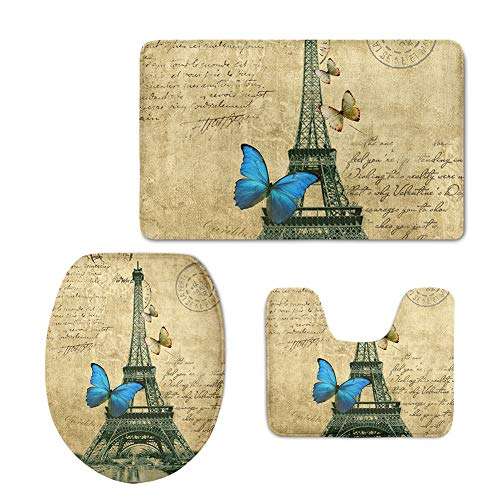 Coloranimal Vintage Paris Eiffel Tower Pattern Home Bathroom Accessories Set, 3 Piece Bath Mat + Lid Toilet Seat Cover+ Flannel Carpets, Machine Washable 1
