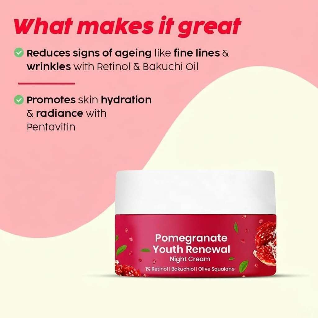 Pomegranate Youth Renewal Night Cream for Face – 1% Retinol, Bakuchiol & Olive Squalane – Hydrating & Nourishing Anti-Ageing Skin Cream – 50 g 3