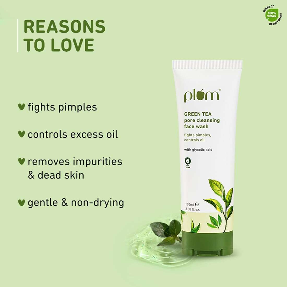 Plum Green Tea Face Wash with Glycolic Acid for Acne Prone Skin, Pore Cleansing and Anti Acne Gentle Facial Cleanser for Normal to Oily Skin, SLS & Paraben Free, for Women & Men, 2.53 Fl OZ 3