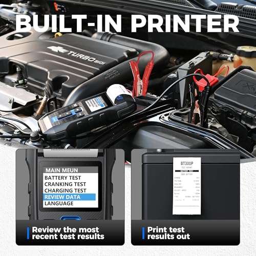Car Battery Tester 12V 24V 100-2000CCA Lead-Acid Battery, TOPDON BT300P Alternator Tester, Load Tester, with Built-in Printer, Spark Free Metal Clamps, Automatic Reverse Polarity Protection 3
