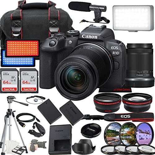 Canon EOS R10 Mirrorless Camera w/RF-S 18-150mm f/3.5-6.3 is STM Lens + 2X 64GB Memory + Case + Microphone + LED Video Light + More (35pc Bundle) 1