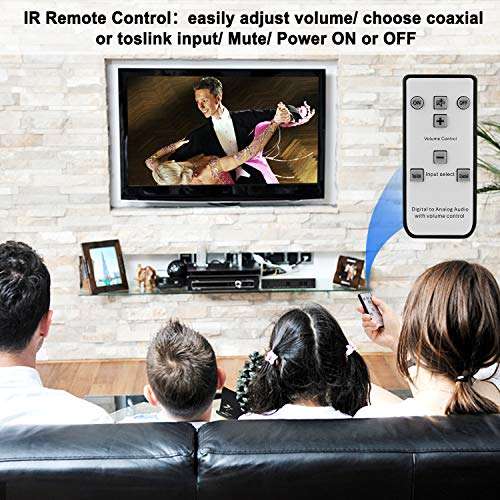 Digital to Analog Audio Converter with Remote, 192KHz/24bit Digital Coaxial Toslink to Analog L/R RCA 3.5mm Audio with Both Toslink Cable and Coaxial Cable 5