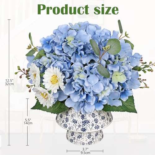 Fake Flowers Artificial Hydrangea Flowers in Rustic Galvanized Metal Pot Shabby Chic Rose Flower Arrangement Faux Flower Bouquet for Farmhouse Table Centerpiece Windowsill Indoor Decoration 3