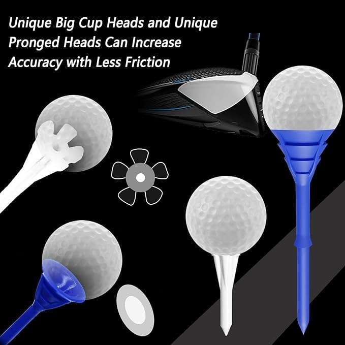 GKandi Golf Tees Plastic Unbreakable 100 Pack Bulk 3 1/4 Long 1 1/2 Short Tees Set,Durable Stable Low Resistance Reduce Friction Side Spin for Golfer 5