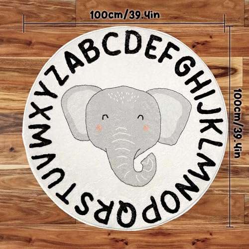 ABC Round Alphabet Nursery Rug, Soft Fluffy Carpet for Playroom, Bedroom, Classroom - Washable Non-Slip White Fuzzy for Girls & Boys, Kids Play Rug (Baby Elephant, White) (40in x 40in (100cm x 100cm)) 2