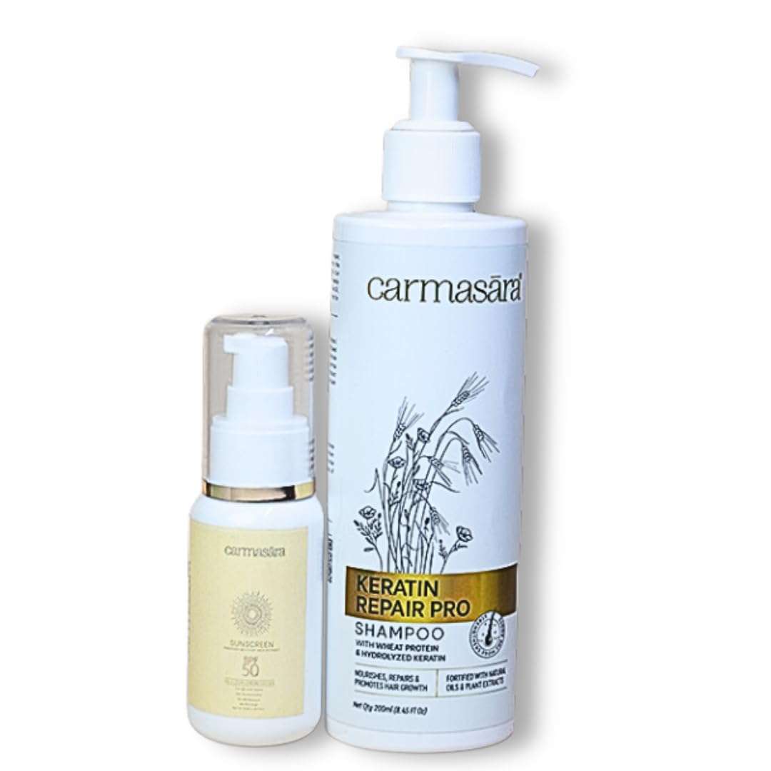 CARMASARA - Keratin Repair Shampoo + Sunscreen SPF 50 PA+++ | Skin and Hair Care | UVA/B & Blue light Protection with Nourish, Repair and Promote Hair Growth | Made with Natural Ingredients 1