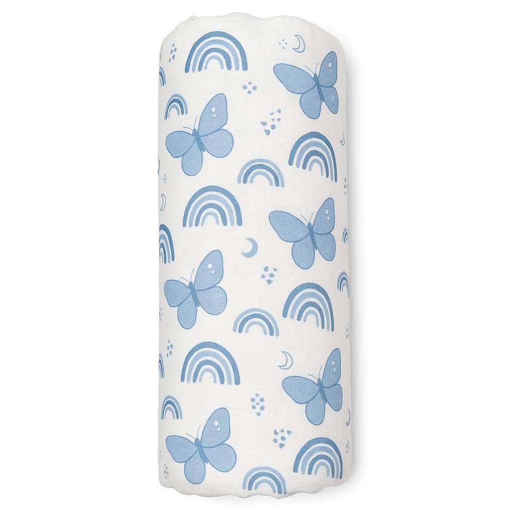 KISEKI Soft 100% Cotton Muslin Swaddle Blanket – 120 × 120 cm – Lightweight & Breathable Baby Wrap (Blue Butterfly) 1