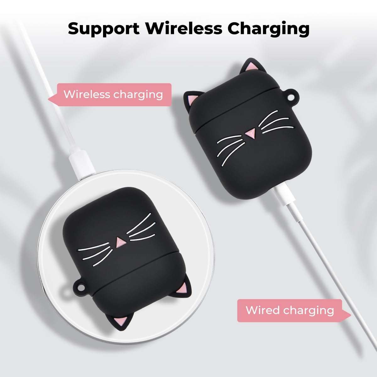 Megantree Cute Airpods Case, Airpods 2 Case, Black Whisker Cat Kitty Funny Kawaii 3D Cartoon Animals Full Protection Shockproof Soft Silicone Charging Case Cover with Keychain for Girl Women Kids 5