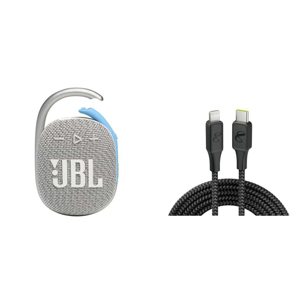 JBL Clip 4 Eco - Ultra-Portable Waterproof Speaker (White) and InfinityLab InstantConnect USB-C to Lightning - 20W PD Fast Charging Cable for iPhone and iPad - Black 1