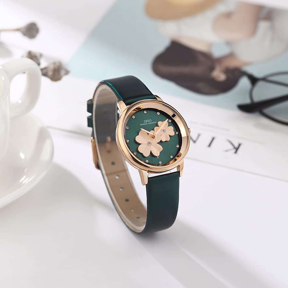 IBSO Watches for Women Four Leaf Clover Lady Leather Band Wristwatch Clear Dial Montre Femme a Nice Gift (8806L Green) 3