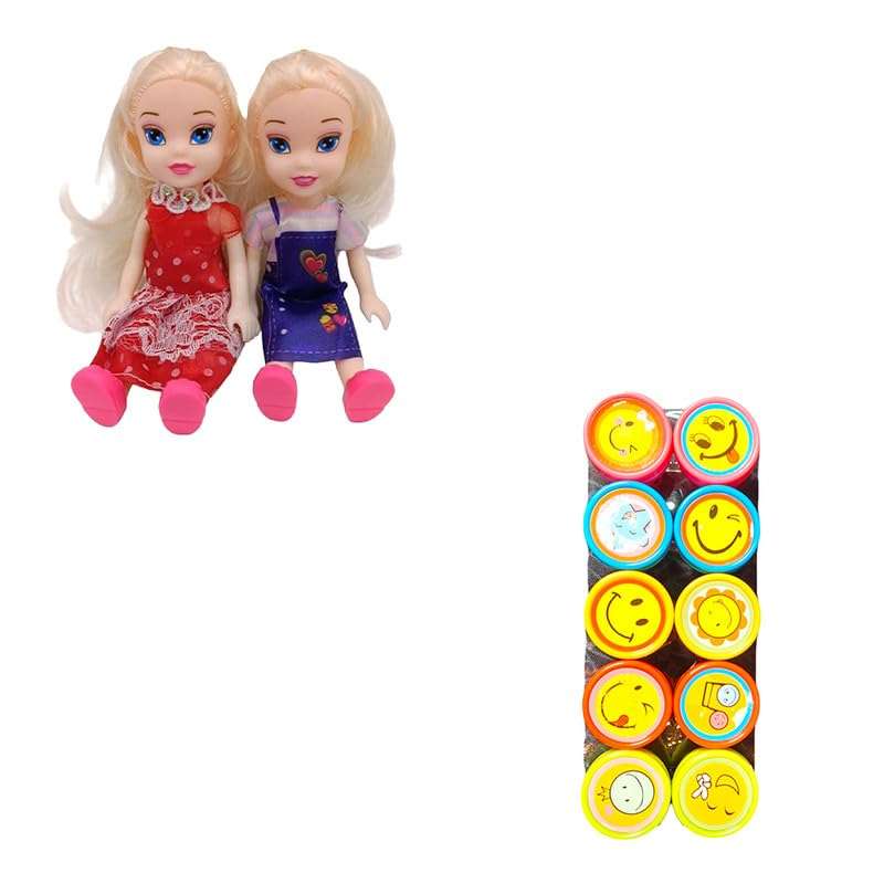 AKTOON TOYS (Combo Pack) 1O Pcs Stamp Art and Craft School Supplies Toys for Kids & Cute Two Sister Doll Set of 2 Sister - Multicolor