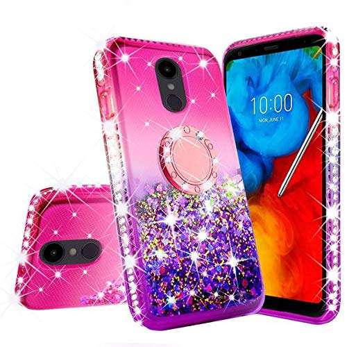 Liquid Glitter Cute Phone Case Kickstand Compatible for LG Stylo 5 / Stylo 5 Plus Case Clear Bling Diamond Bumper Ring Stand Girls Women - Pink/Purple 2