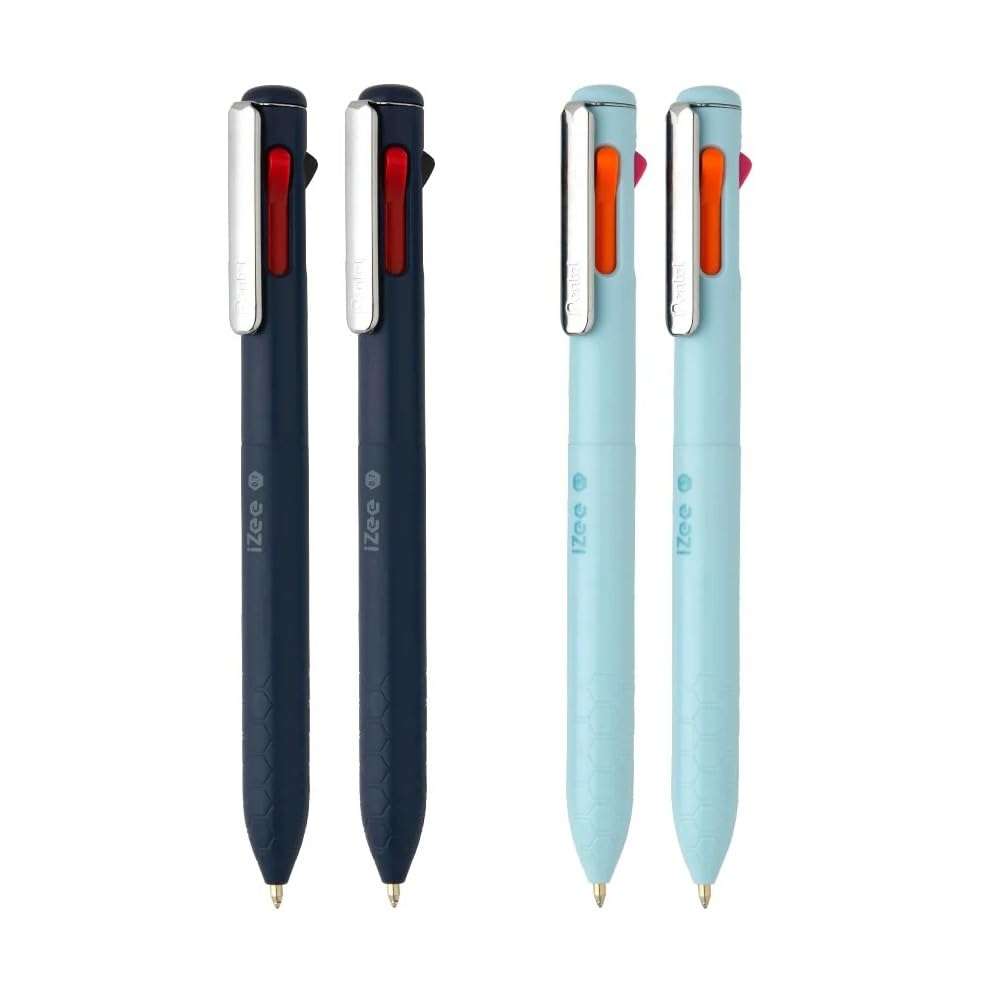 Pentel iZee 4 in 1 Color 1.0mm Ballpoint Pen Combo | Attractive Honeycomb Finger Grip with Smooth Flowing, Oil Base Ink | Dark Blue Barrel & Light Blue Barrel | Multicolour Ink, Pack of 4 1