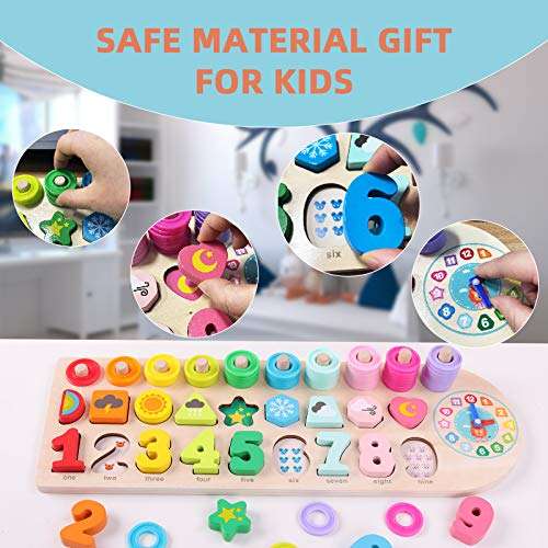 QZMTOY Preschool Educational Learning Montessori Toys for Kids, Toddler Puzzles Number Shape Sorter Counting Stacker with Clock Weather, Boys Girls Activities Math Game Gift for Age 3 4 5 Years 4
