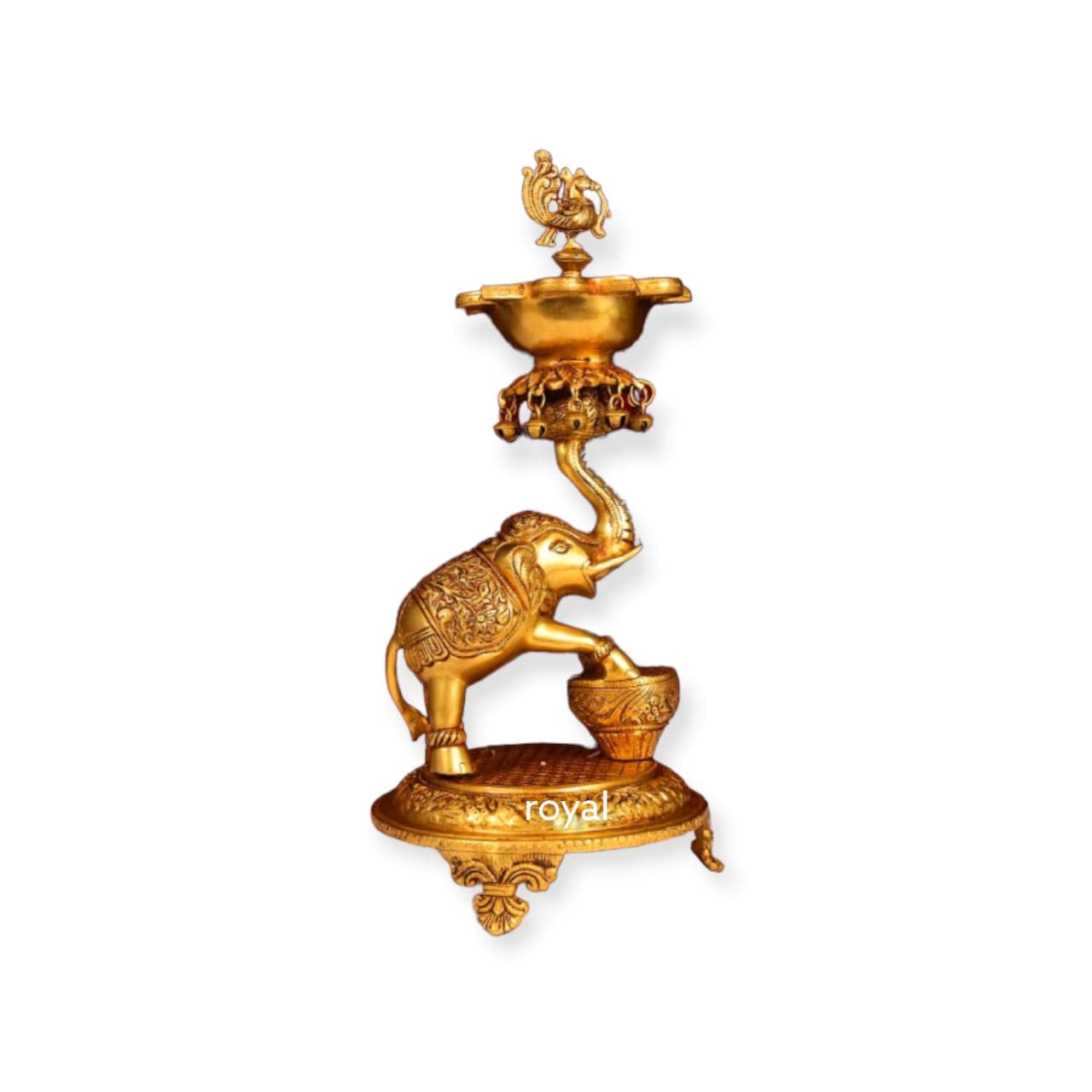 IYI MERCHANT Brass Elephant Diya Stand | Golden Color Elephant Statue Brass Diya Stand for 5 Wicks | Peacock Diya on Dancing Elephant | LxWXH - 21.5x21.5x45.7 cm, Wt. - 7 Kg 1