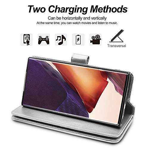 Newseego Compatible with Samsung Galaxy Note 20 Ultra Leather Case, Glitter Faux PU Leather Magnetic Closure Multi-Credit Card Slot Cash Holder Detachable 2 in 1 Wallet Cover with Wrist Strap-Silver 4