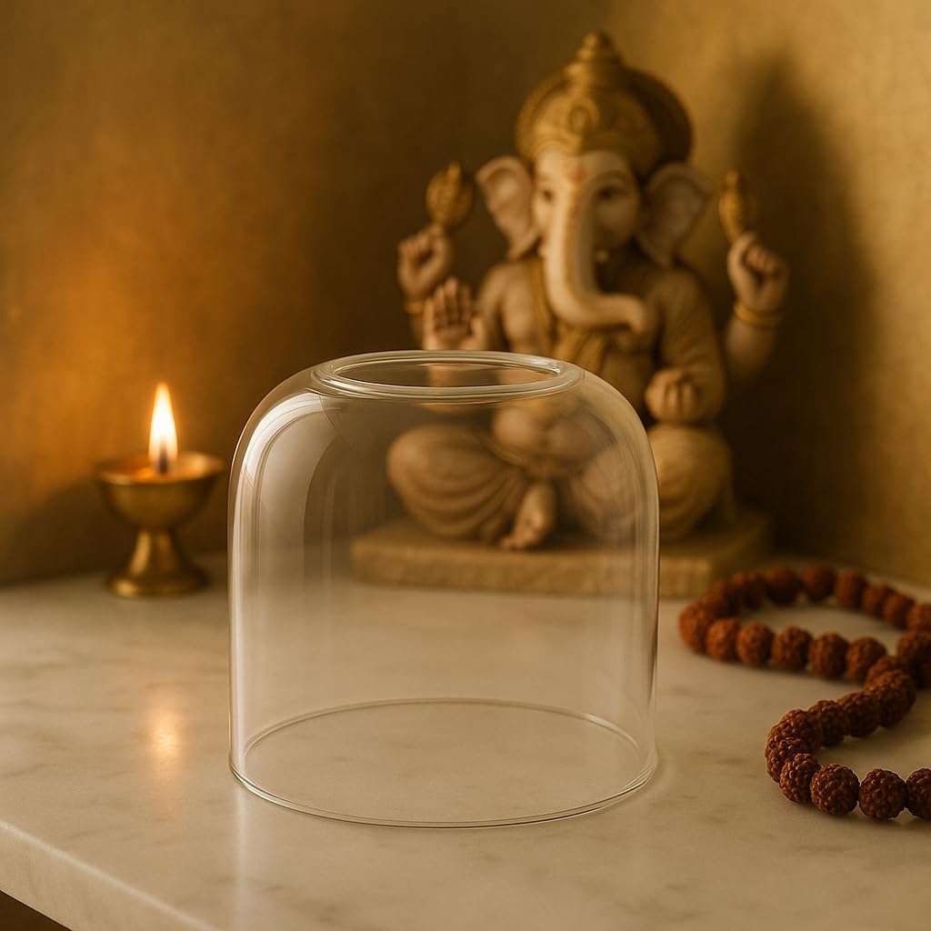 Klassic Big Curved Borosilicate Glass Cover (Without Diya) | 3.8 Inch Height & 4.1 Inch Width | Clear Heat-Resistant Glass Chimney | Wind & Dust Protector for Mandir, Puja, Aarti, Home Decor & Gifting 1
