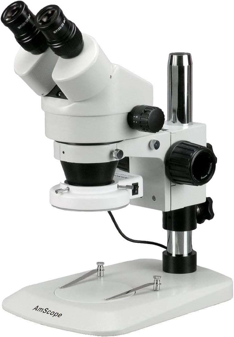 AmScope SM-1BN-64S Professional Binocular Stereo Zoom Microscope, WH10x Eyepieces, 7X-45X Magnification, 0.7X-4.5X Zoom Objective, 64-Bulb LED Ring Light, Pillar Stand, 110V-240V 1