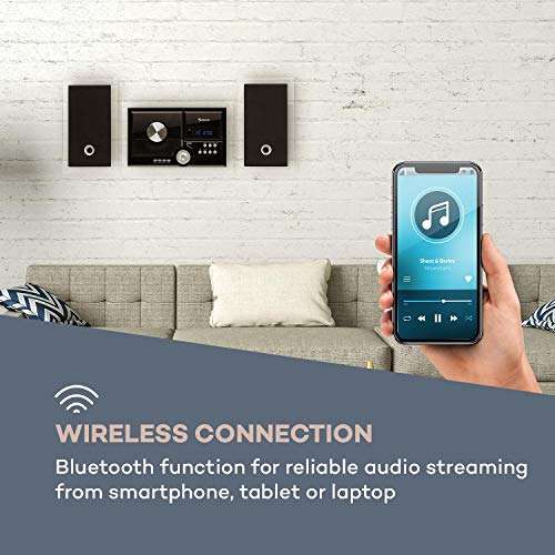 AUNA Stereosonic Microsystem, Shelf Stereo System, Micro System, 2 Stereo Speakers, Front-Loading CD Player, FM Tuner, Bluetooth, Wireless Connection, USB Port, Incl. Remote Control, Black 4
