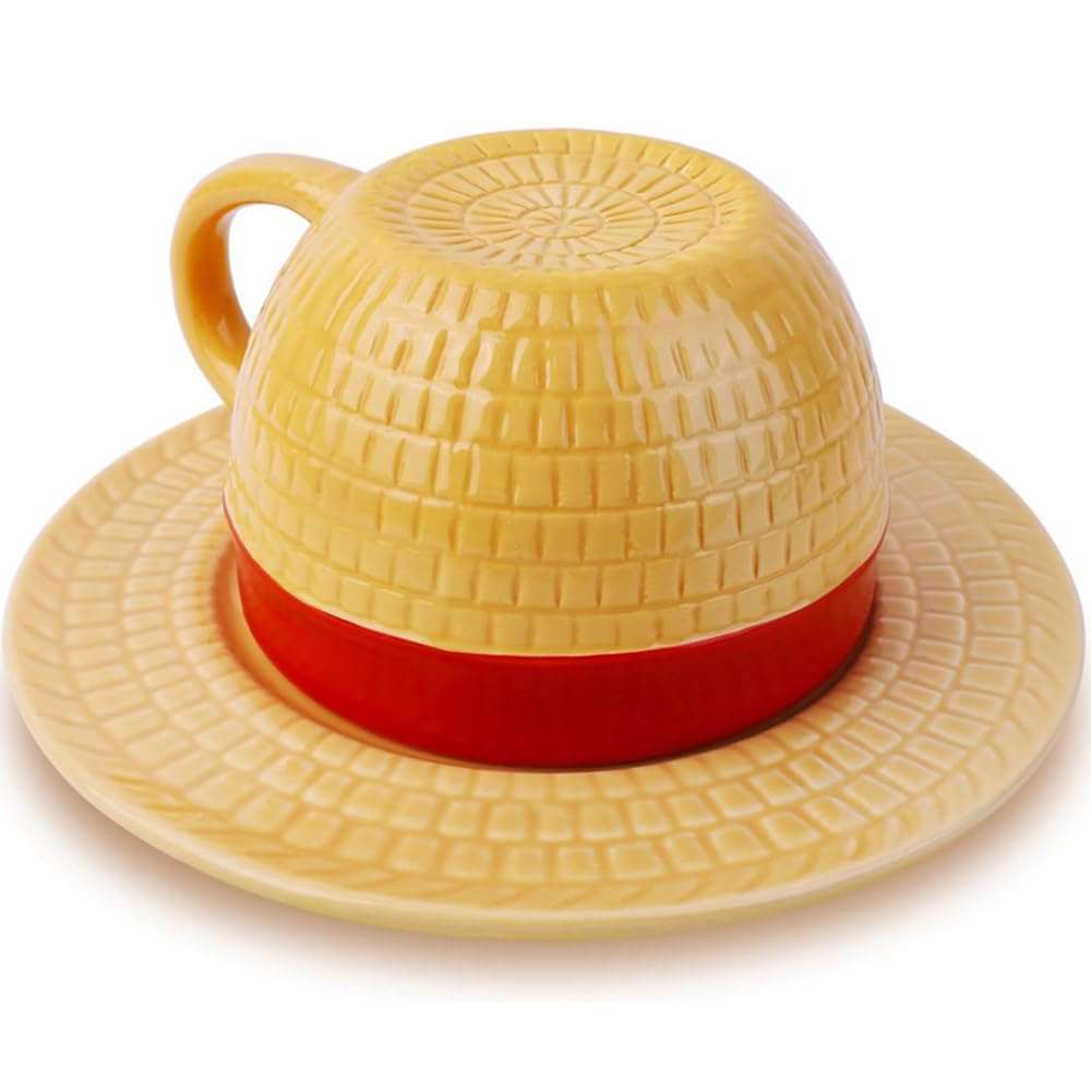 Novelty Creative Anime One Piece Ceramic Coffee Mug Set, Luffy Straw Hat Coffee Mug Cup Tumbler with Plate, Anime Merchandise Gift