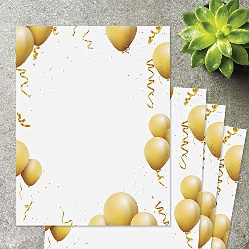 Gold Balloons Birthday Party Letter Papers -25 Sheets of Colorful, One-Sided Framed Letter Paper for Newsletters, Announcements, and Invitations 5