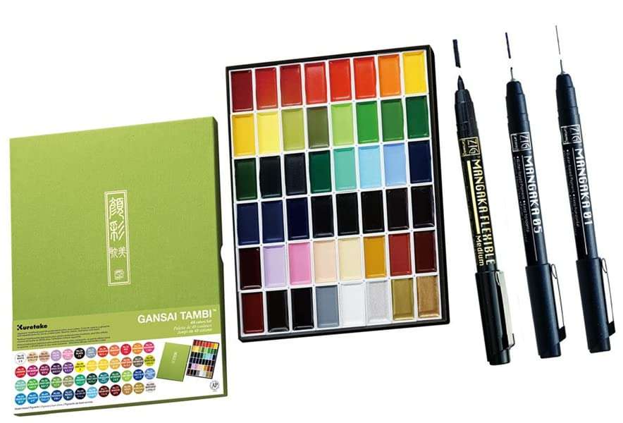 Kuretake ZIG CARTOONIST MANGAKA Black 3 set & Kuretake GANSAI TAMBI 48 colors setfor art, illustration, lettering, graphic designers, urban artists, paper crafters, AP-Certificated, Made in Japan 1