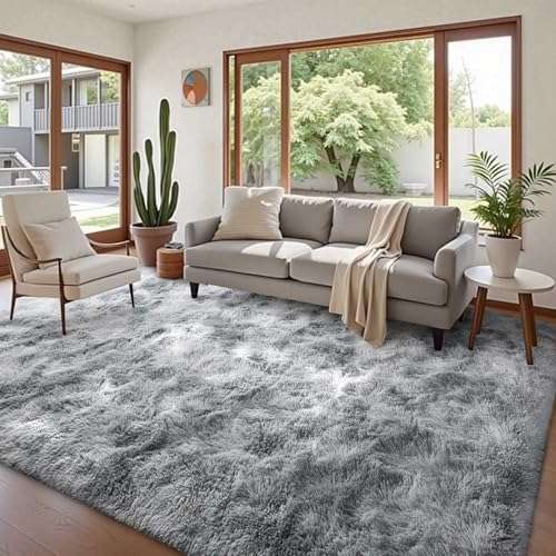 Prabia 5x8 Tie Dyed Grey Rug,Super Soft Fluffy Plush Carpet for Living Room & Bedroom,Modern Shaggy Rugs for Girls Kids Room, Nursery & Dorm,Anti-Slip Fuzzy Home Decor