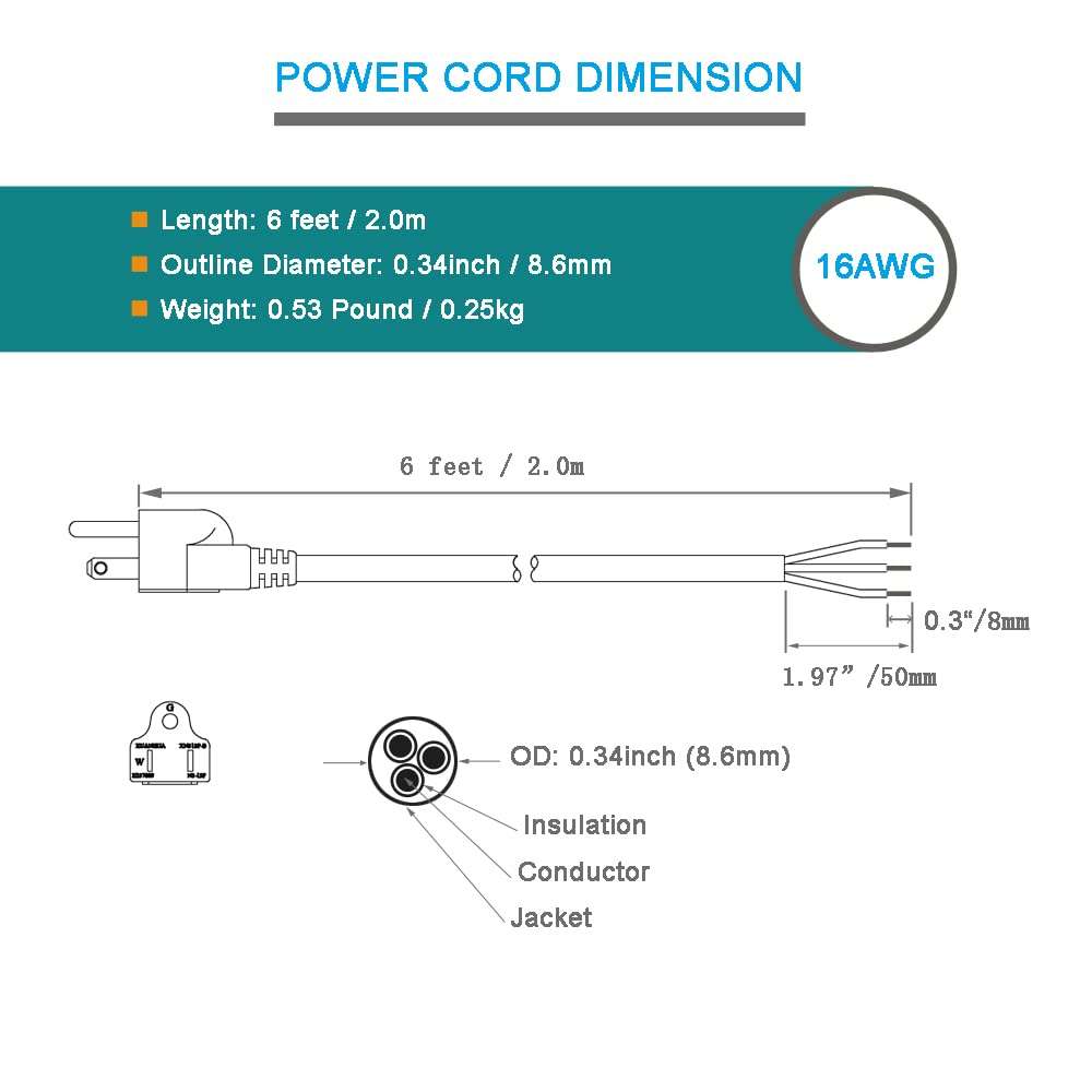 16 Gauge Power Cord Pigtail 16AWG Replacement Power Cord Open End 3 Wire NEMA 5-15p Plug 3 Prong 6 Feet Heavy Duty SJT Power Supply AC Cable 120V, 13A, 1625W 5