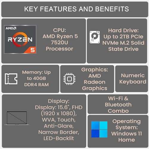 DELL Inspiron 3000 Series 3535 Laptop, 15.6" FHD Touchsreen, AMD Ryzen 5 7530U, 4GB RAM, 512GB SSD, Webcam, HDMI, Wi-Fi, Windows 11 Home, Black 2