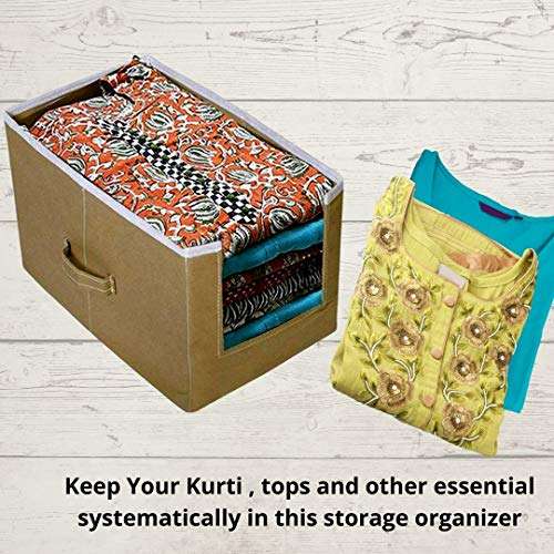 ARVANA Kurtis Organizer for Wardrobe/Closet Storage Box and Clothing Organiser for Women/Girls Clothes, Non - Woven - Set of 2, Beige 6