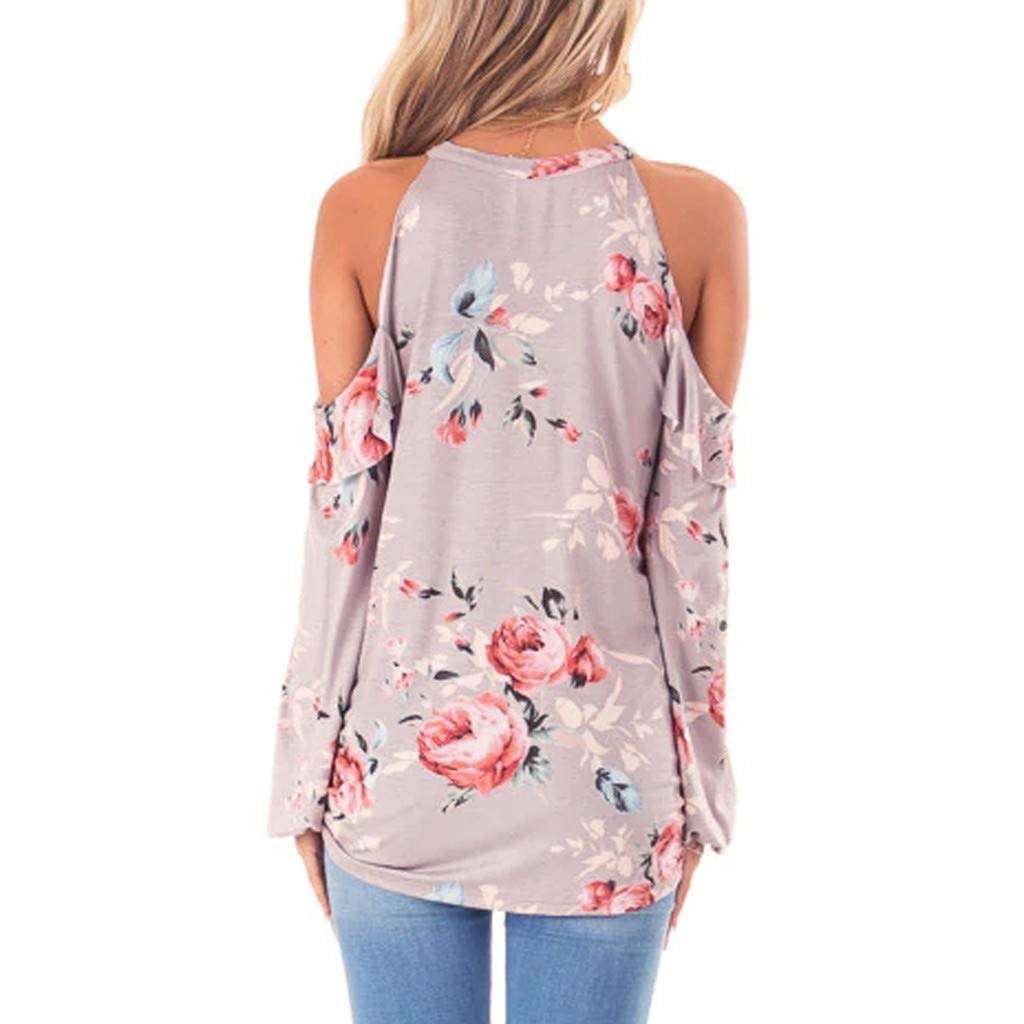 Floral Printed Tops for Women, Ruffle Off Shoulder Long Sleeve o-Neck Tunic Tops Retro t-Shirts Casual Blouses(Pink, L) 5