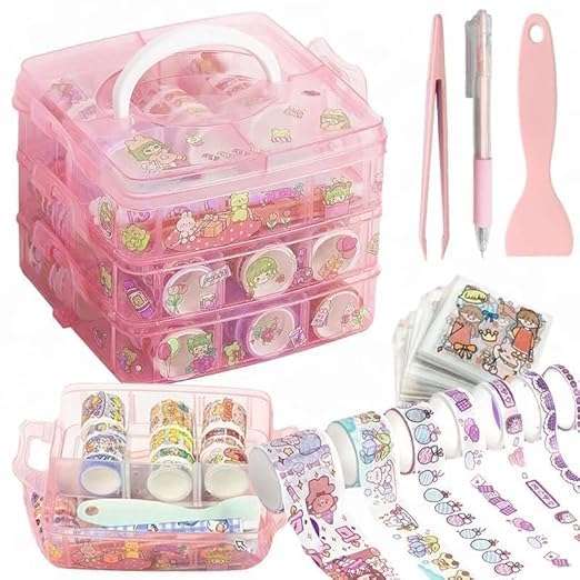 BLUEJELI Washi Tape Set for Designer Decorative Tapes, Washi Tape Gift Packing Tape Masking Tapes with 20 Pcs Kawaii Stickers, Tweezer, Pen and Spatula in Layer Box, Tapes for Art and Craft (PINK) 1