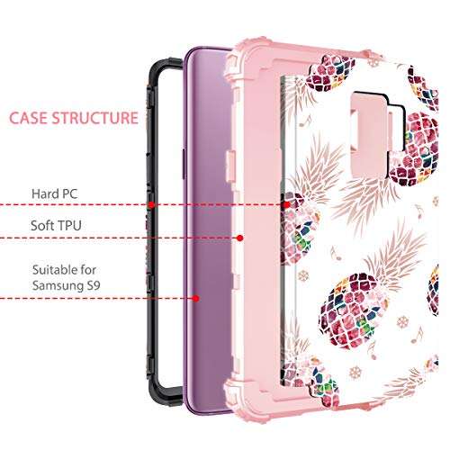 LONTECT Compatible Galaxy S9 Case Floral Pineapple 3 in 1 Heavy Duty Hybrid Sturdy High Impact Shockproof Protective Cover Case for Samsung Galaxy S9 - Pineapple/Rose Gold 2