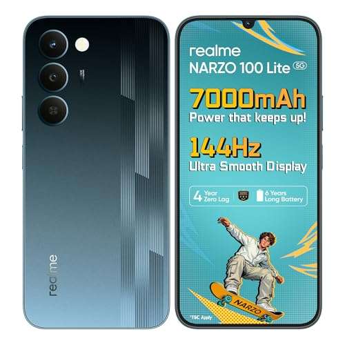 realme narzo 100 Lite 5G (Thunder Black,4GB+128GB) | 7000mAh Titan Battery | 4 Years, Zero Lag | 144 Hz Ultra Bright Display | 6 nm Octa-core 5G Chipset | Color Pop Design | VC Cooling 1