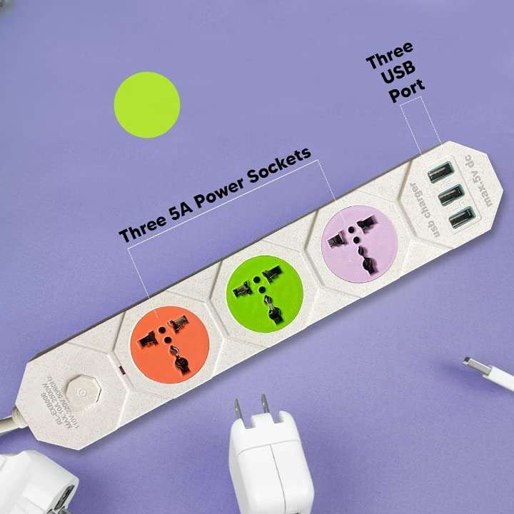 10A 3 -Way Extension Board Socket with 3 USB Socket 3 Socket Extension Boards (Multicolour) 5