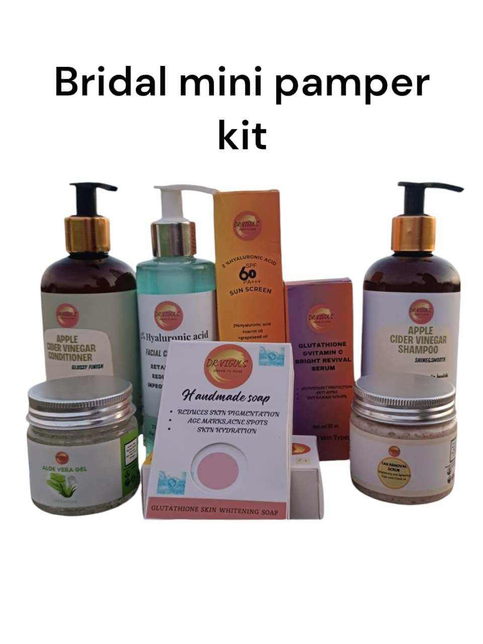 DR.VIGULS| BRIDAL MINI PAMPER KIT| APPLE CIDER VINEGAR 300ML | APPLE CIDER VINEGAR CONDITIONER 300ML| 2% HYALURONIC ACID FACE CLENANSER 200ML | ALOEVERA GEL 100GM | TAN REMOVAL SCRUB|GLUTATHIONE AND VIT-C BRIGHTING SERUM | HYALURONIC ACID SPF 60 PA+++ SUNSCREEN GLUTATHIONE SKIN WHITENING SOAP | 3