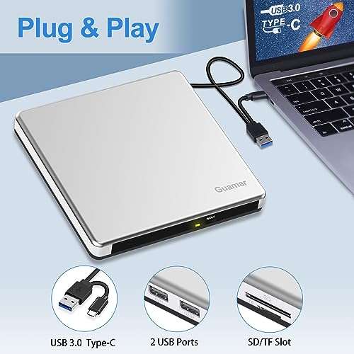 Guamar External CD Drive for Mac: Portable Slim DVD Burner for Laptop PC Windows with SD/TF Slot 2 USB Ports - Plug & Play USB-C Superdrive for MacBook High-Speed Read Write (Silver) 3