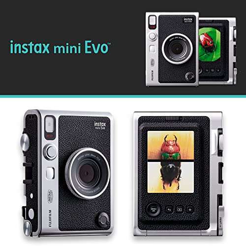 Fujifilm Instax Mini EVO Hybrid Instant Camera Black Bundle with Instax Mini Instant Film 20 Sheets, 32GB microSD Card, Vintage Style Black Camera Case, Bundle 2