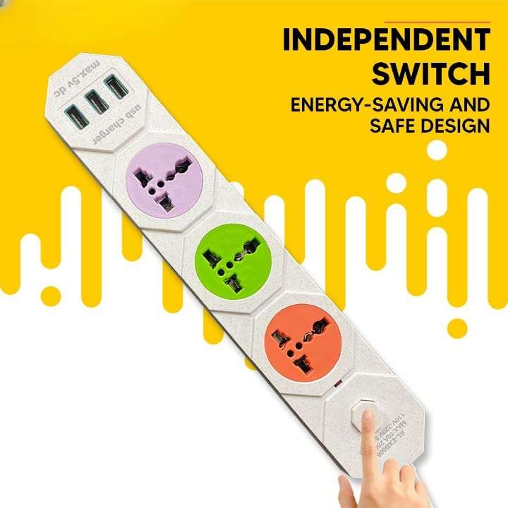 10A 3 -Way Extension Board Socket with 3 USB Socket 3 Socket Extension Boards (Multicolour) 3