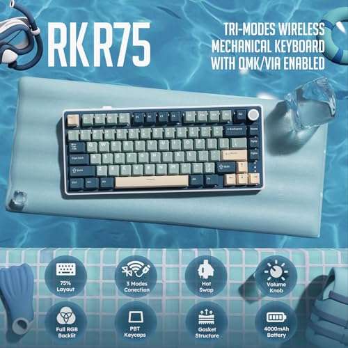 RK ROYAL KLUDGE R75 Wireless Mechanical Keyboard, 75% Percent Custom Gaming Keyboard Gasket Mount RGB Backlit with Knob & PBT Keycaps, BT5.1/2.4GHz/USB-C, Hot Swappable Cream Switch 2