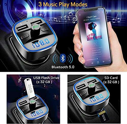 Bluetooth FM Transmitter for Car, Blue Ambient Ring Light Wireless Radio Car Receiver Adapter Kit with Hands-Free Calling, Dual USB Charger 5V/2.4A and 1A, Support SD Card, USB Disk (Black) 2