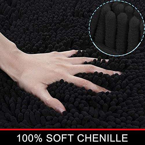 Bathroom Rugs Sets 4 Piece, Chenille Bath Rug Non-Slip Bath Mats with Soft Plush PVC Backing Water Absorbent Carpet 1'' Quick Dry Microfiber Toilet Mat, Black 3