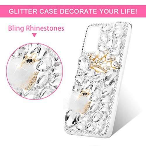 Galaxy S20 Case, Mavis's Diary Luxury 3D Handmade Bling Crystal Rhinestone Full Diamonds White Gems Crown and Fox with Fluff Hard PC Plastic Clear Protective Cover 4